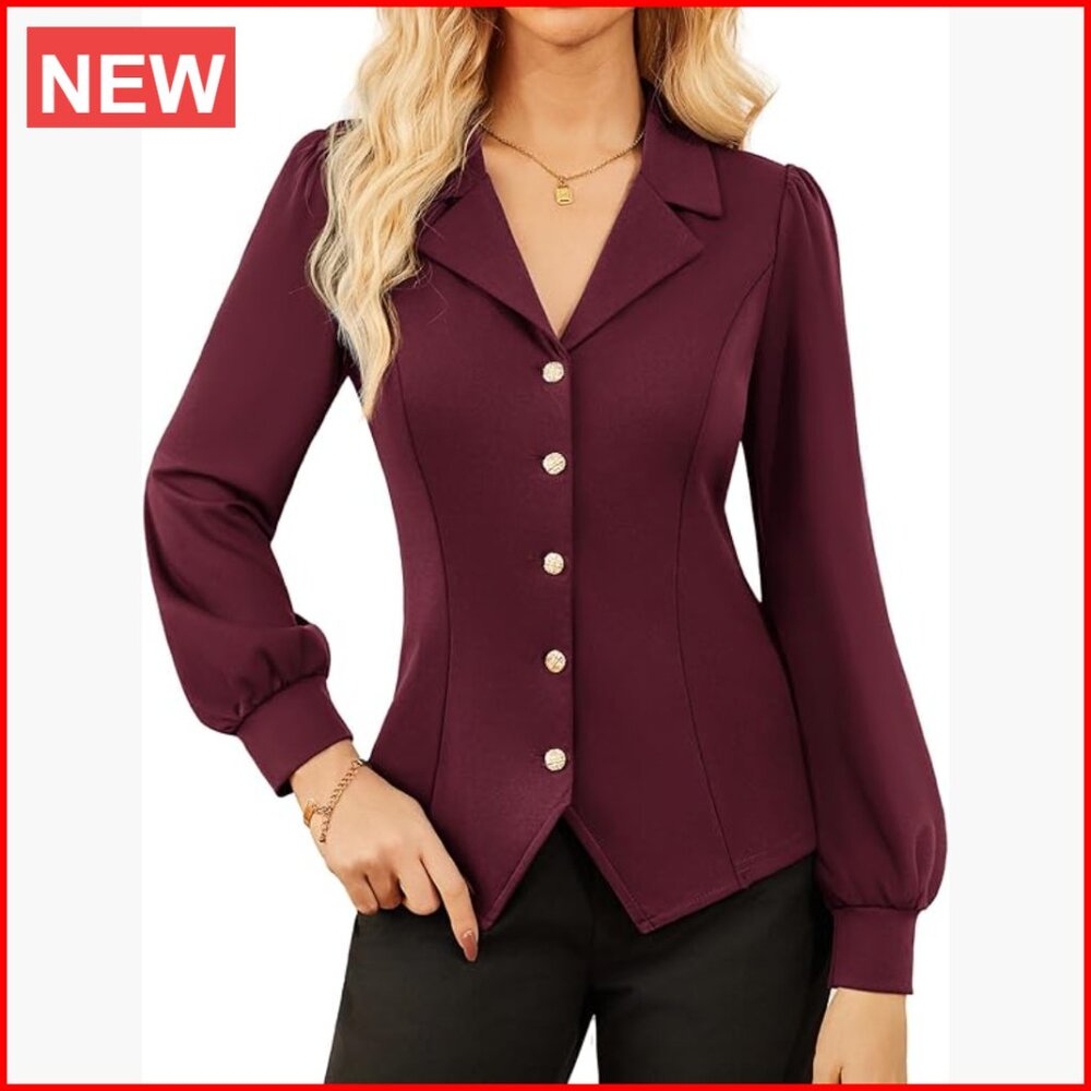 Polyester Blend V-Neck Button Down Blouse with La… - image 1